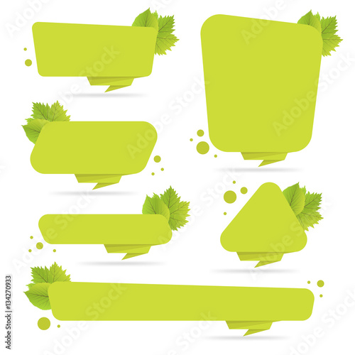 Set of green paper origami banners with leaves. Template for bio products, sales, web sites and labels. Place for text vector illustration