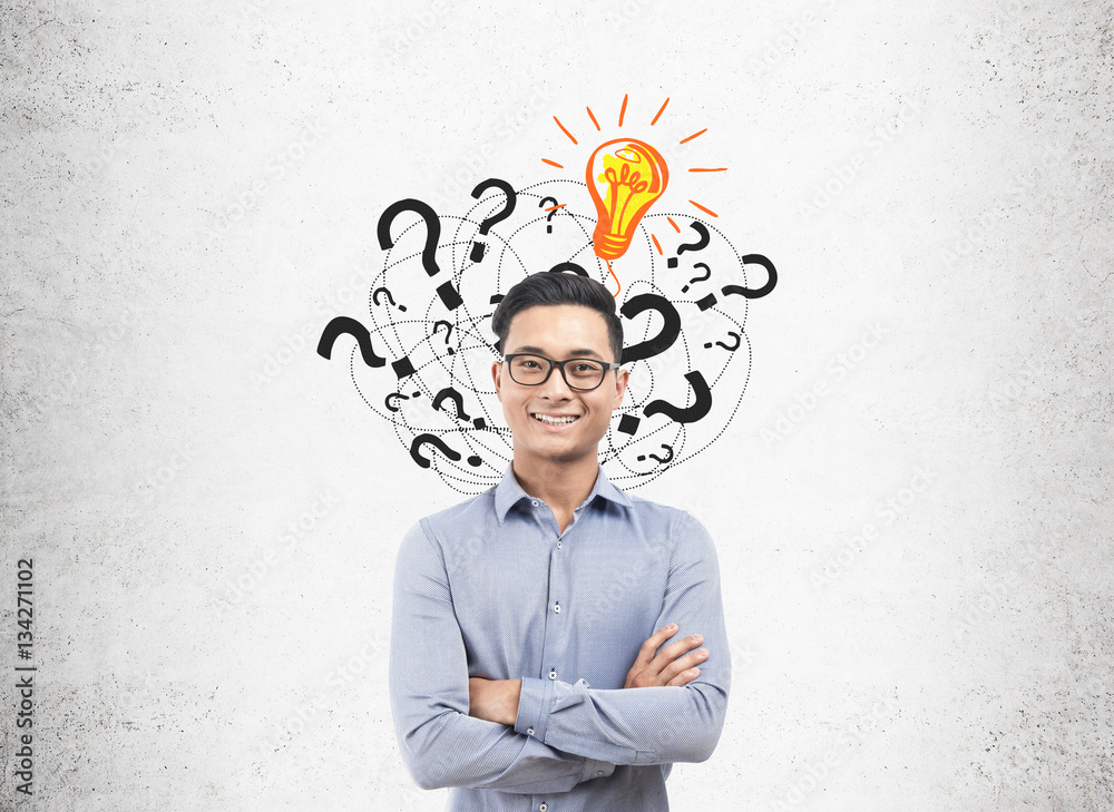 Asian man, light bulb and question marks