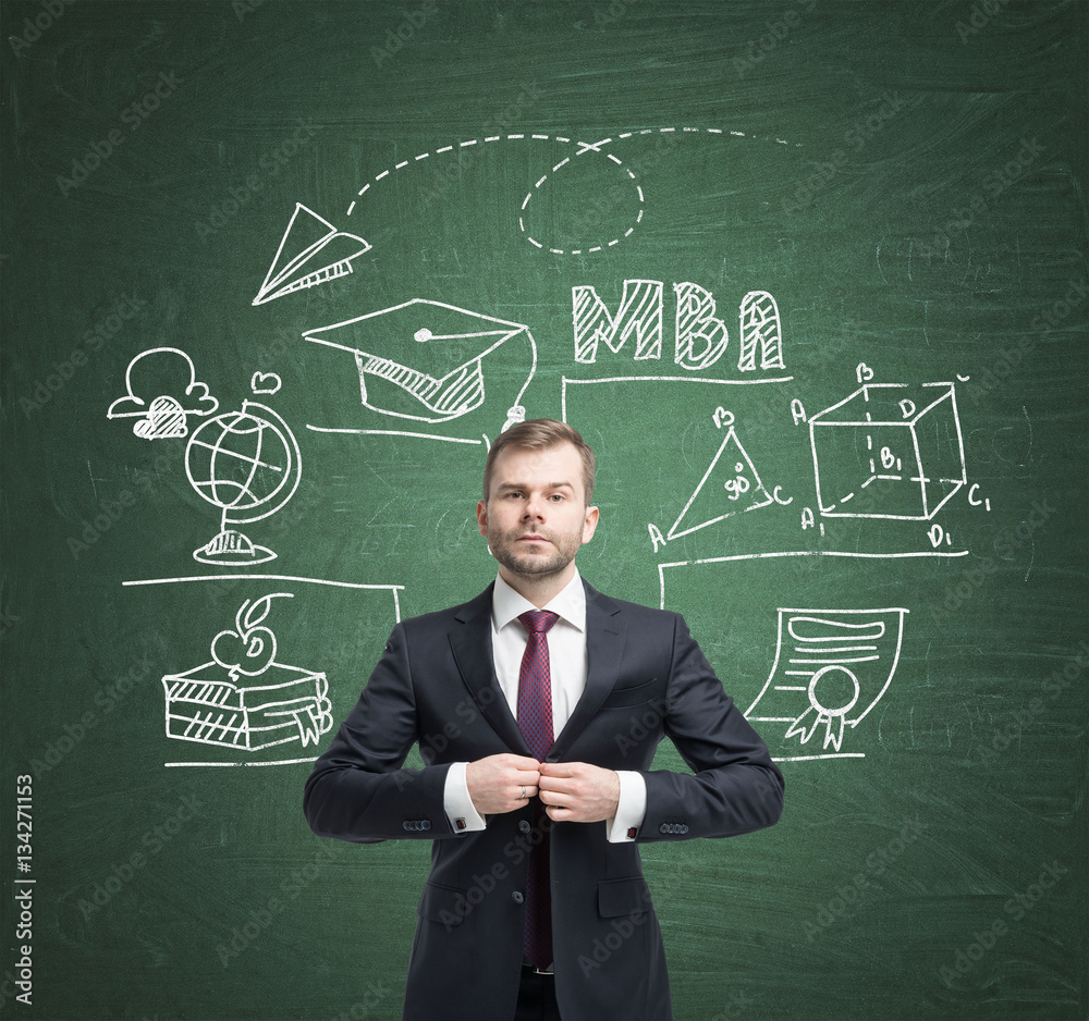 Man in suit and education icons on blackboard