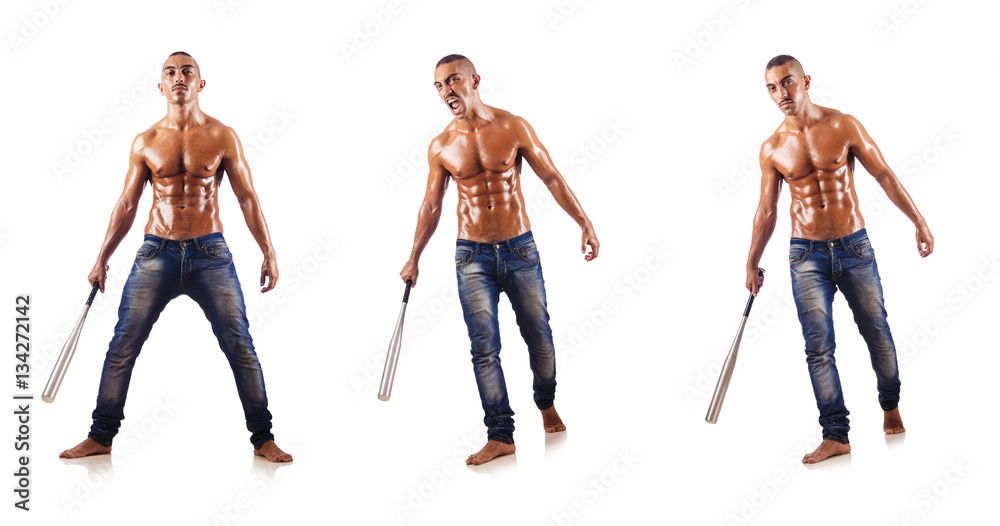 Obraz premium Muscular man with baseball bat on white