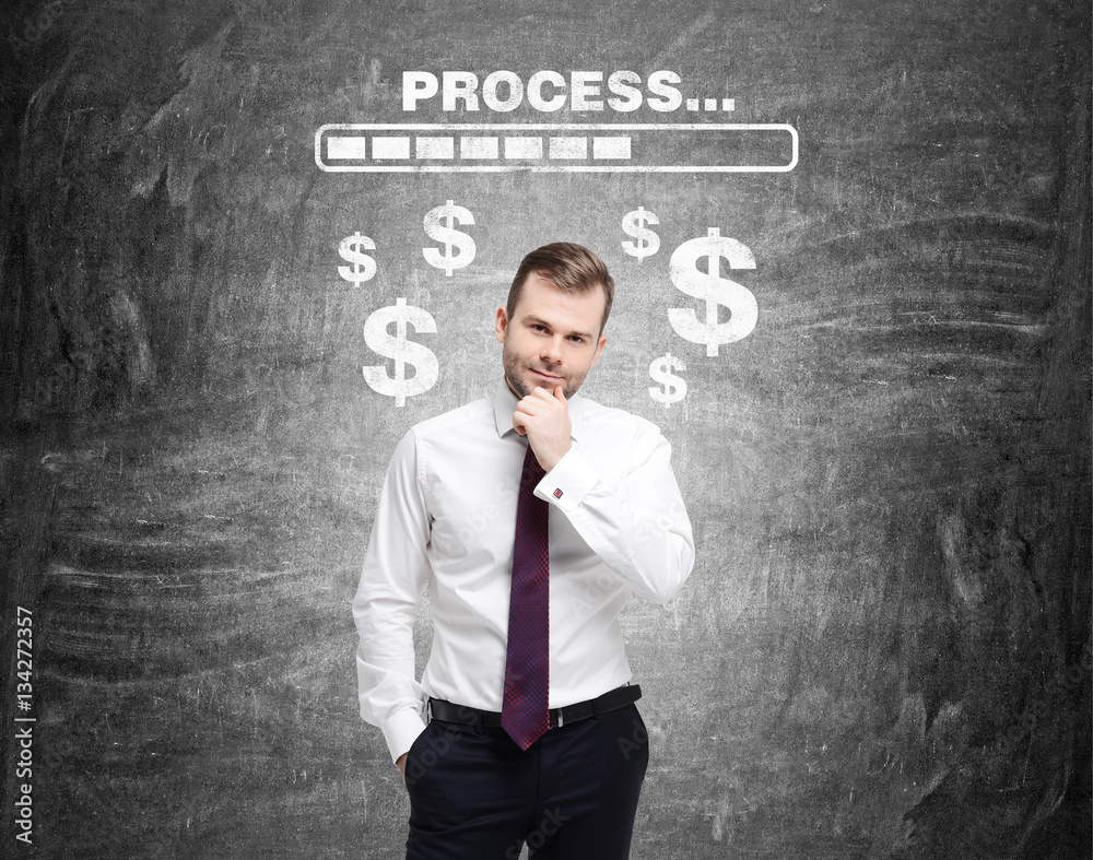 Bearded man, progress bar and dollar signs Bearded man, progress bar and dollar signs