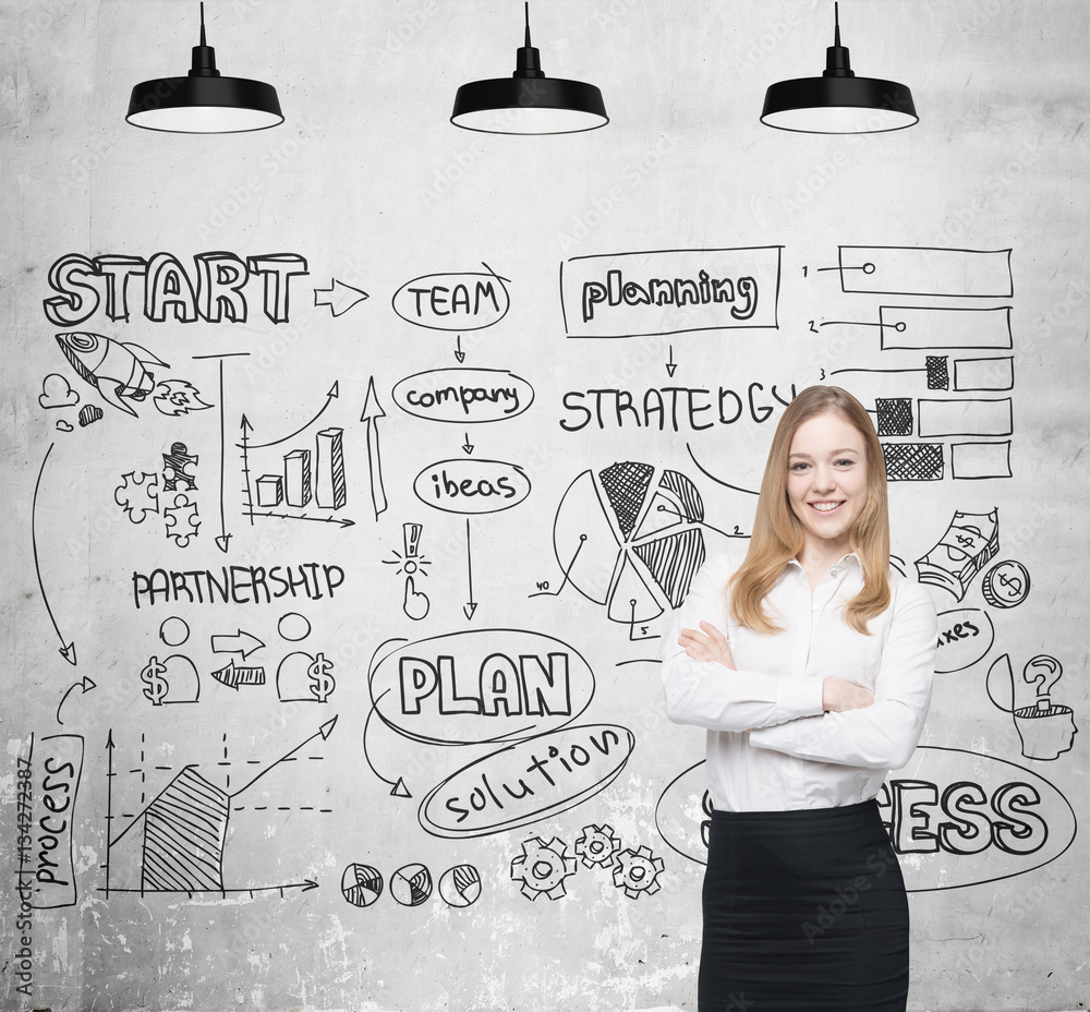 Smiling blond woman and startup sketch, concrete Smiling blond woman and startup sketch, concrete