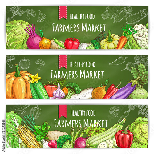 Vegetables healthy farmers food banners set