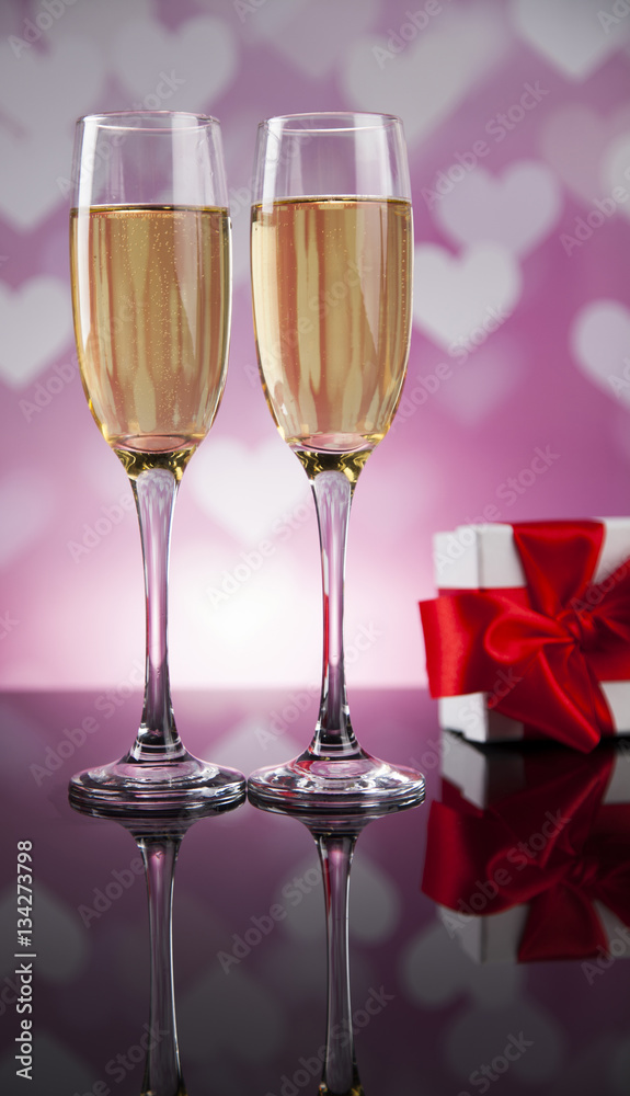 Celebration with champagne and rose, mirror background Celebration with champagne and rose, mirror background