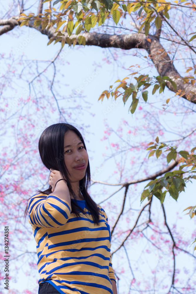 Beautiful Thai woman with Wild Himalayan Cherry, portrait Beautiful Thai woman with Wild Himalayan Cherry, portrait