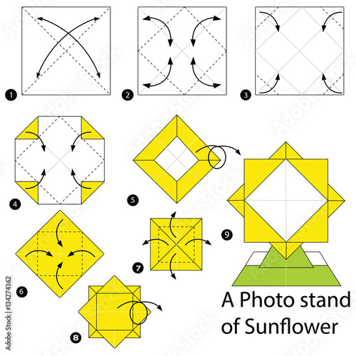  step by step instructions how to make origami A Photo Stand Of Sunflower.