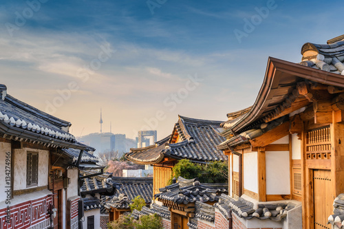 Bukchon Hanok Village and Seoul city skyline, Seoul, South Korea