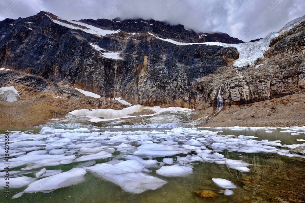 Glacier lake with icebergs. Angel Glacier at Mount Edith Cavell. Jasper National Park. Canadian Rockies. Alberta. Canada.