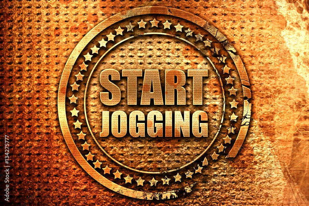 start jogging, 3D rendering, grunge metal stamp