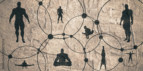 Human Communication Background. Brochure or web banner design template. Connected circles with dots. Medical and sociology background. Social network. Bodybuilder silhouette posing. Grunge texture