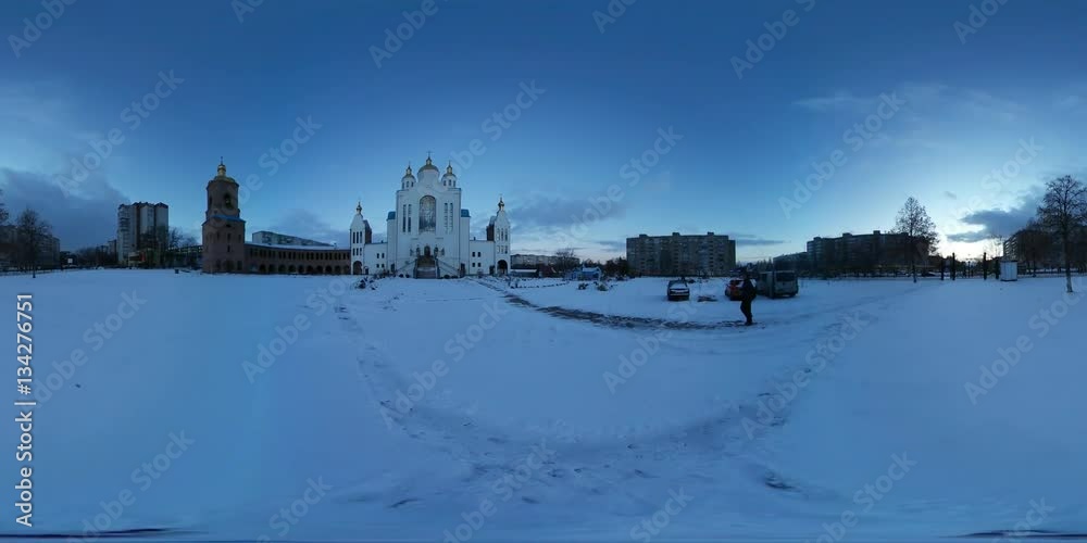 360 vr Video Exterior of the Orthodox Church White and Red Block Religious Buildings at Wintry Landscape Snow Covers the Ground Cityscape Dusk Silhouettes 360 vr Video Exterior of the Orthodox Church White and Red Block Religious Buildings at Wintry Landscape Snow Covers the Ground Cityscape Dusk Silhouettes