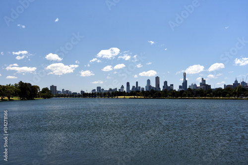 Melbourne city (Australia) skyscrapers viewed across Albert Park Lake.