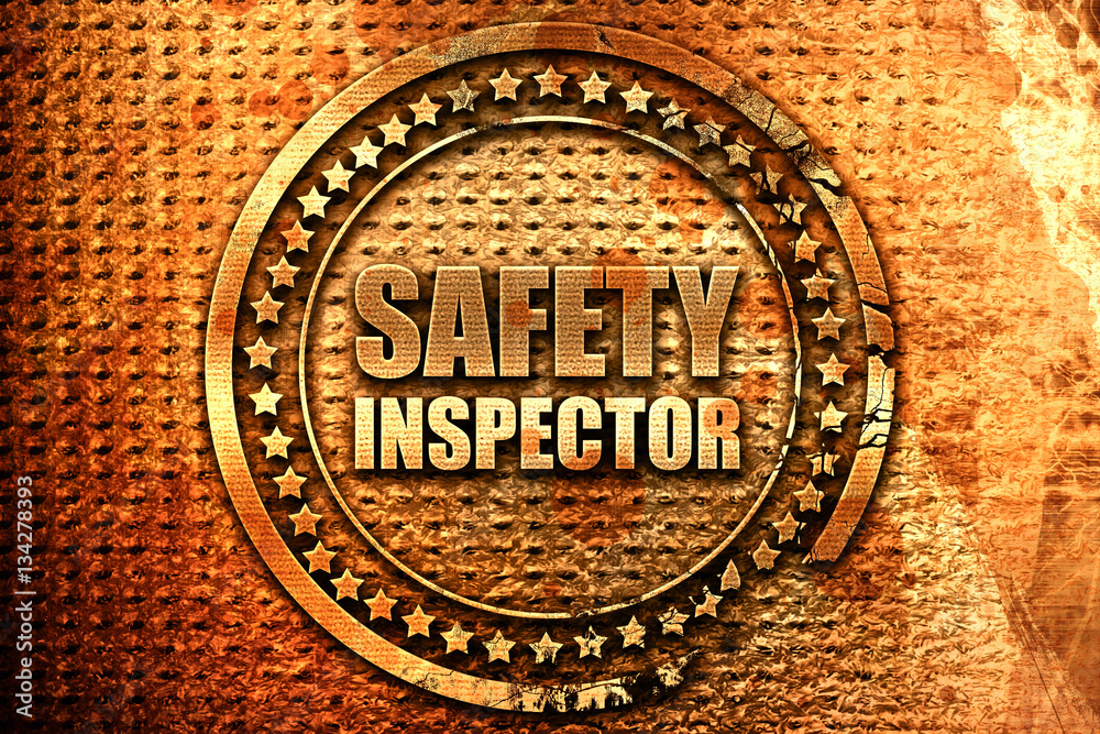 safety inspector, 3D rendering, grunge metal stamp