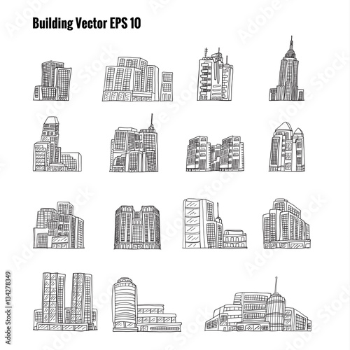 Building sketch by hand drawing.Building  vector set on white background.