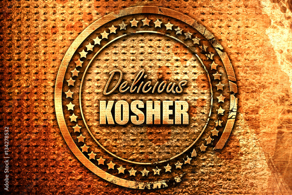 Delicious kosher food, 3D rendering, grunge metal stamp Delicious kosher food, 3D rendering, grunge metal stamp