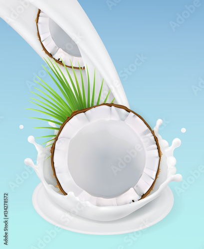 Milk splash and coconut. 3d vector object. Natural dairy products