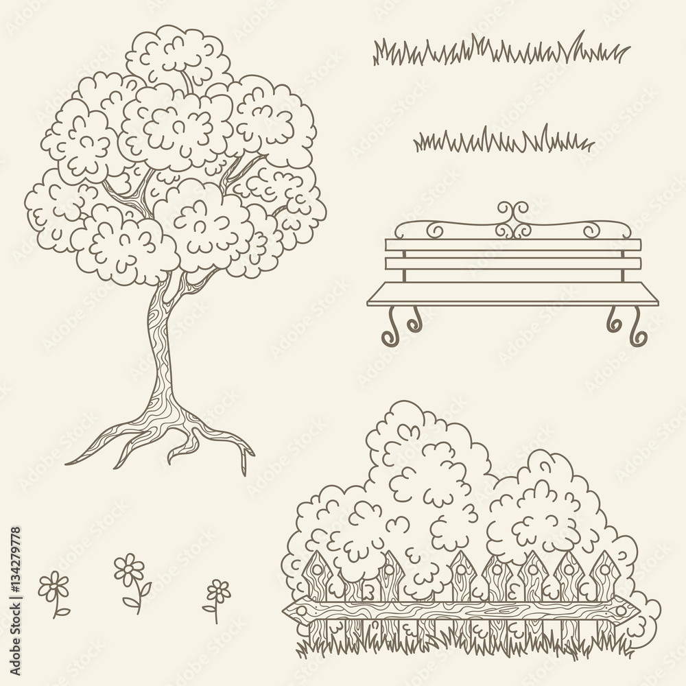 Naklejka premium Hand drawn outline vector street/garden objects