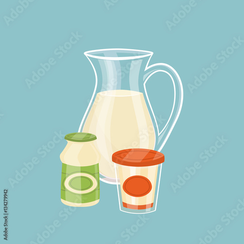 Glass jug with milk. Assortment of dairy products isolated on blue background, vector illustration. Nutritious and healthy milk products. Natural and healthy food. Organic farmers products.