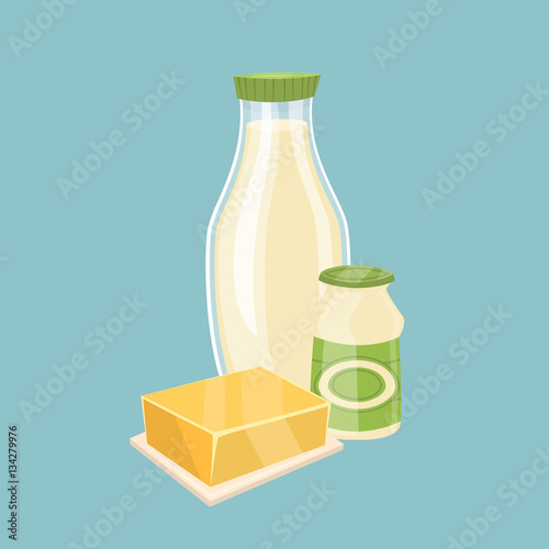 Assortment of dairy products isolated on blue background, vector illustration. Nutritious and healthy milk products. Natural and healthy food. Organic farmers products. Dairy icon.
