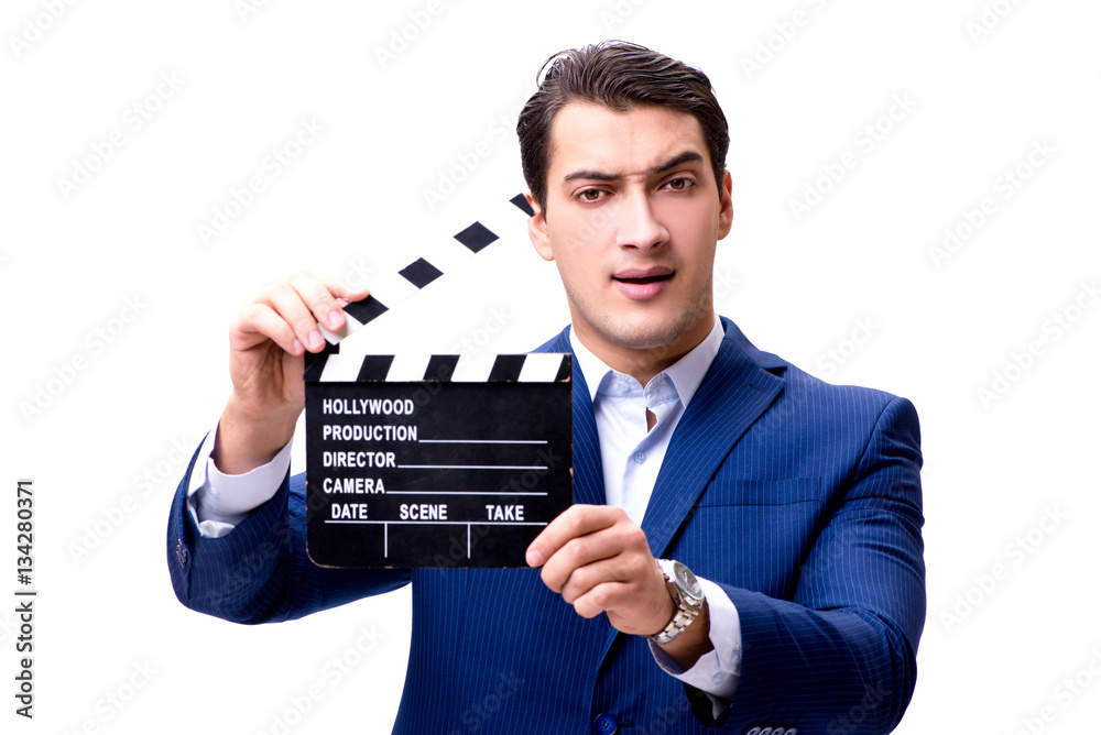 Handsome man with movie clapper isolated on white Handsome man with movie clapper isolated on white