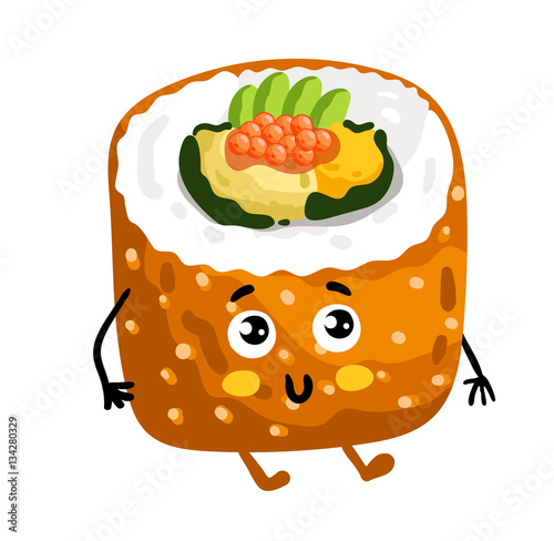 Cute sushi roll cartoon character isolated on white background vector illustration. Funny japanese seafood sushi emoticon face icon. Happy smile cartoon face food, comical sushi roll animated mascot