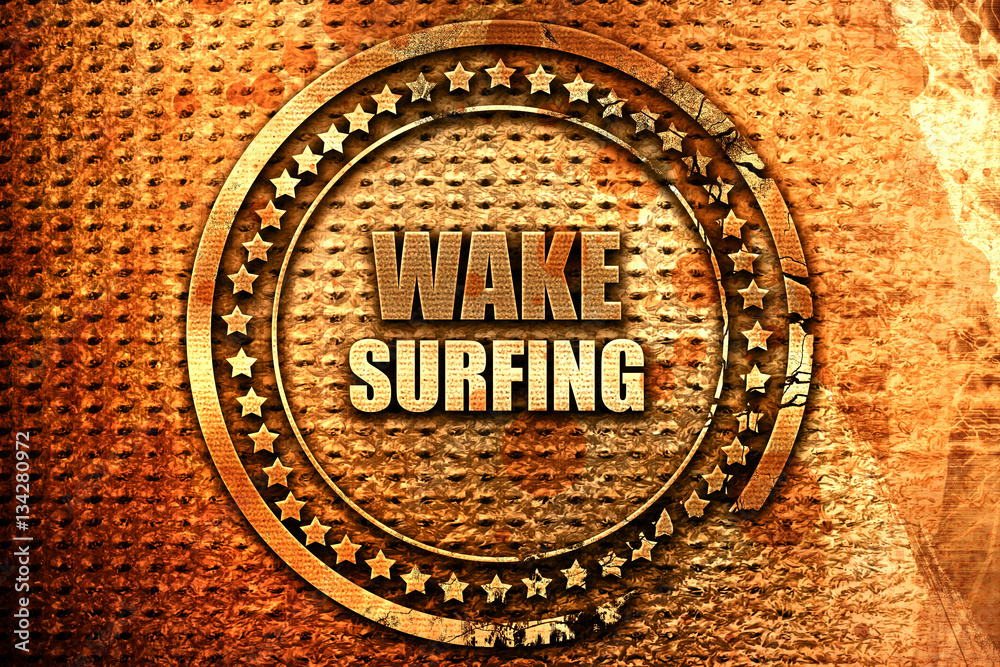 wake surfing sign background, 3D rendering, grunge metal stamp