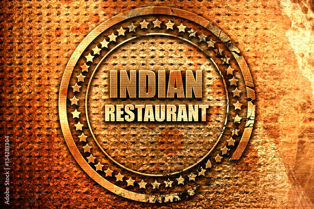 Delicious indian restaurant, 3D rendering, grunge metal stamp