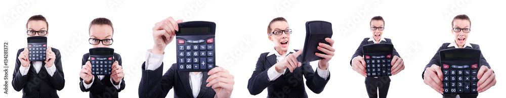Funny accountant with calculator on white Funny accountant with calculator on white