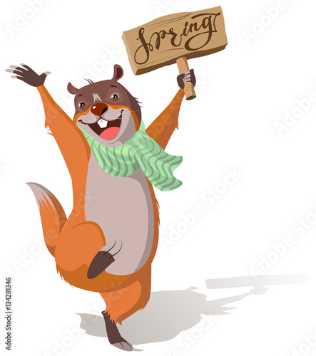 Joyful groundhog jumping and welcomes spring