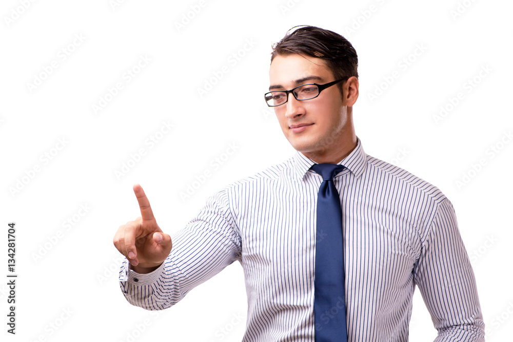 Young handsome businessman pressing buttons isolated on white Young handsome businessman pressing buttons isolated on white