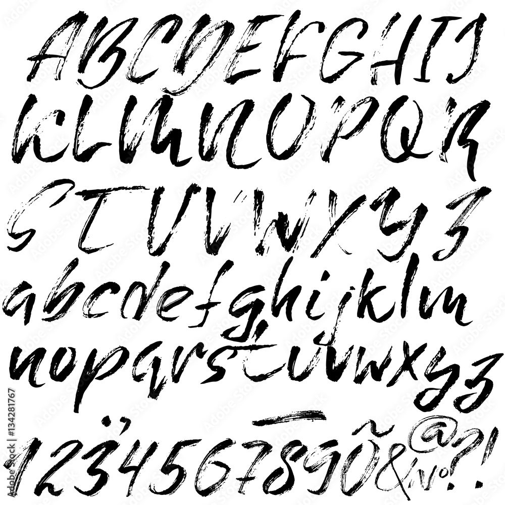 Hand drawn font made by dry brush strokes. Grunge style alphabet