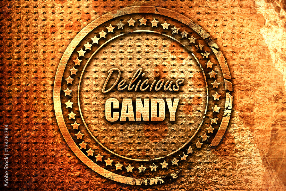 Delicious candy sign, 3D rendering, grunge metal stamp