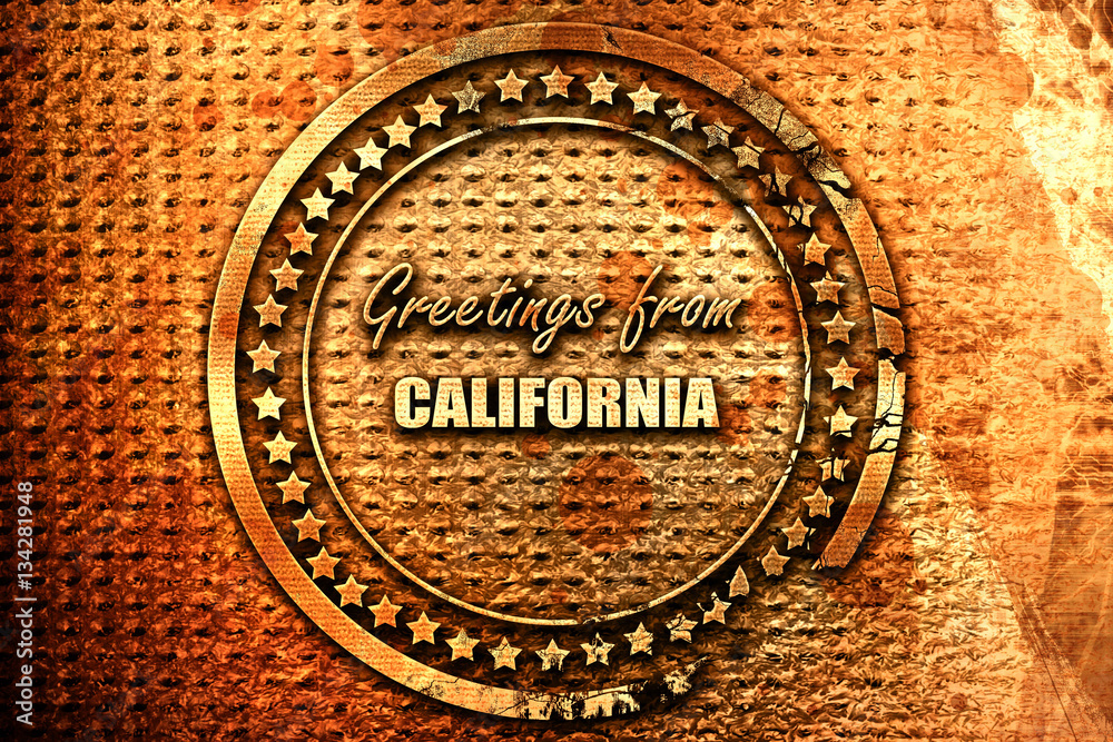 Greetings from california, 3D rendering, grunge metal stamp