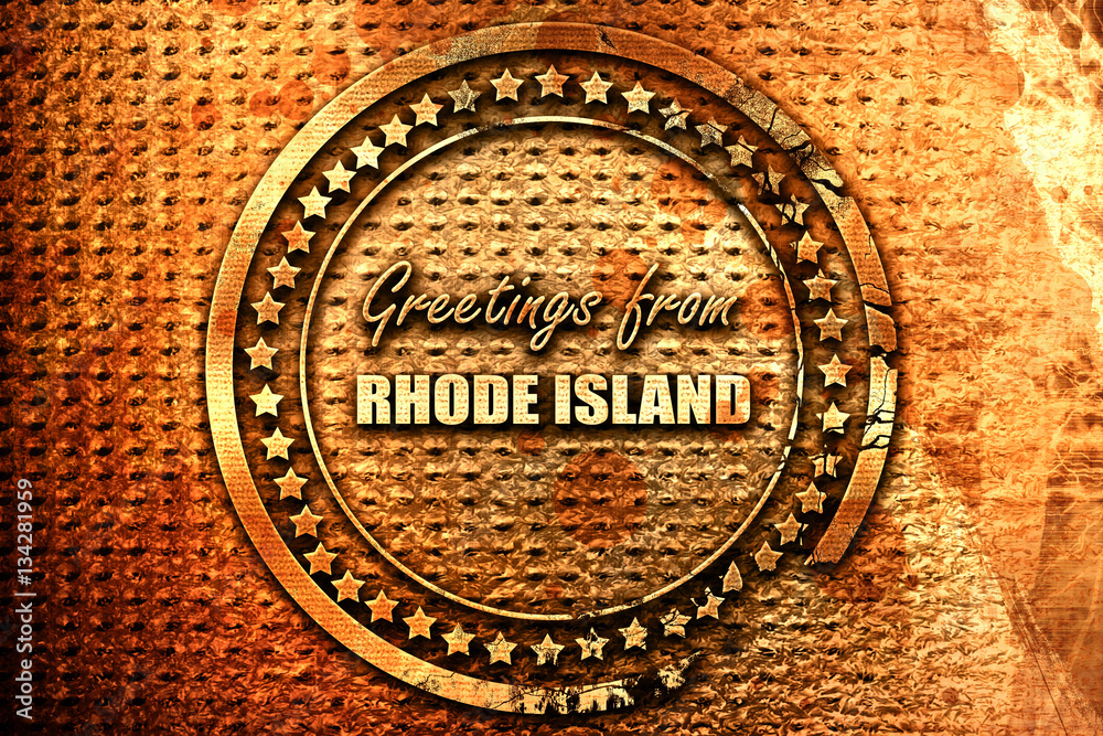 Greetings from rhode island, 3D rendering, grunge metal stamp