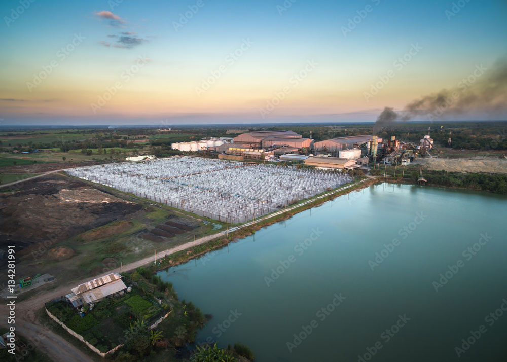 aerial view from drone sugar factory with Waste Water Treatment