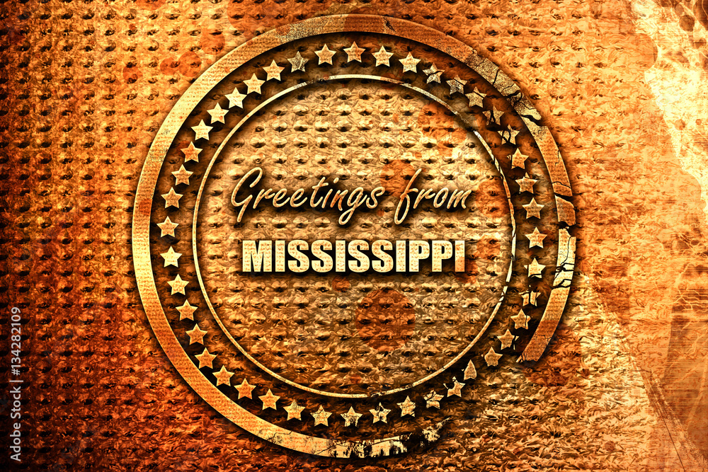 Greetings from mississippi, 3D rendering, grunge metal stamp