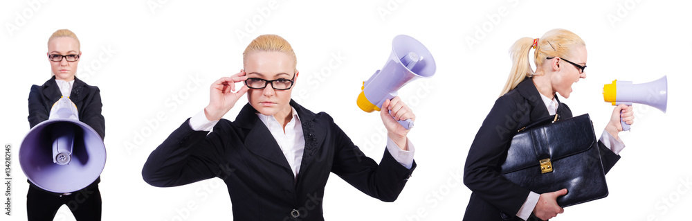 Woman businesswoman with loudspeaker on white Woman businesswoman with loudspeaker on white