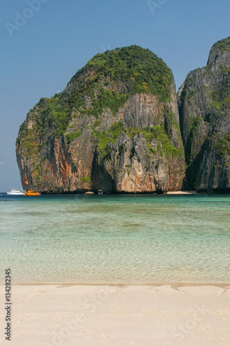 Maya Bay surrounded by limestone cliffs on Phi Phi Leh Island  K