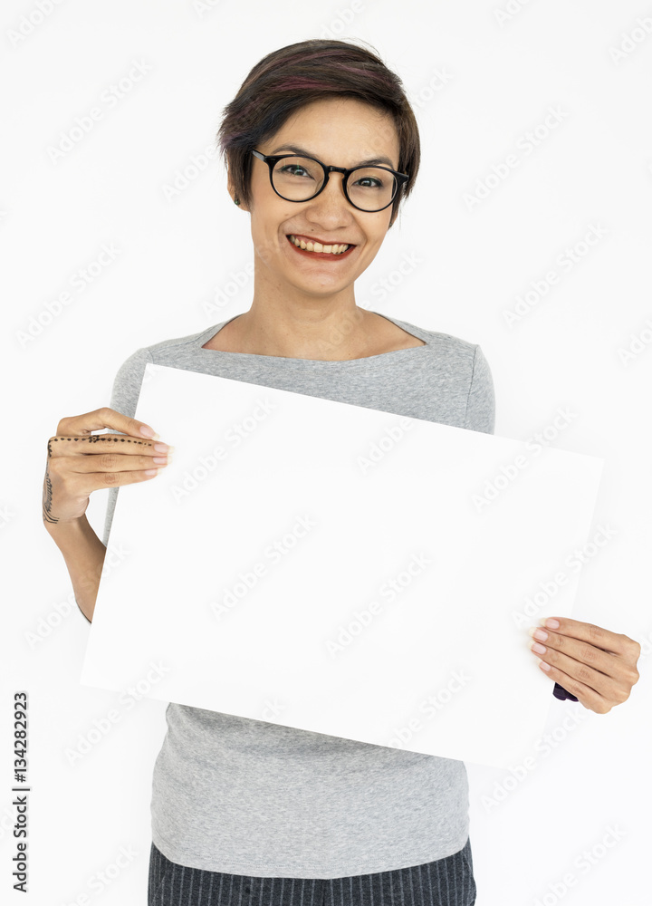 Female Holding White Blank Placard Concept