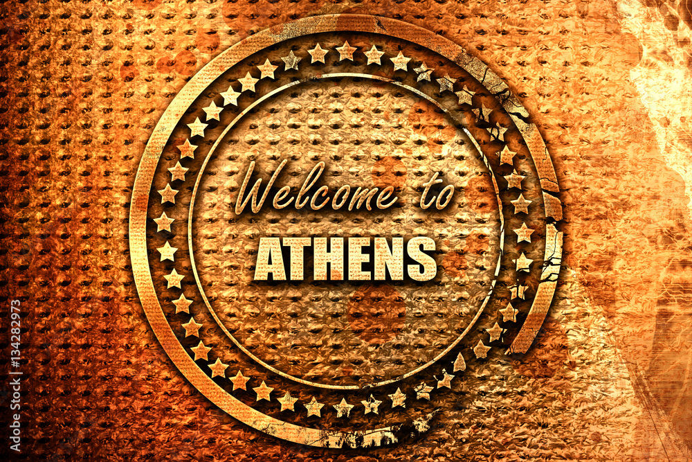 Welcome to athens, 3D rendering, grunge metal stamp
