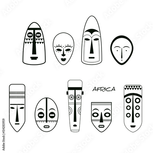 Set of African Ethnic Tribal Masks on White Background.