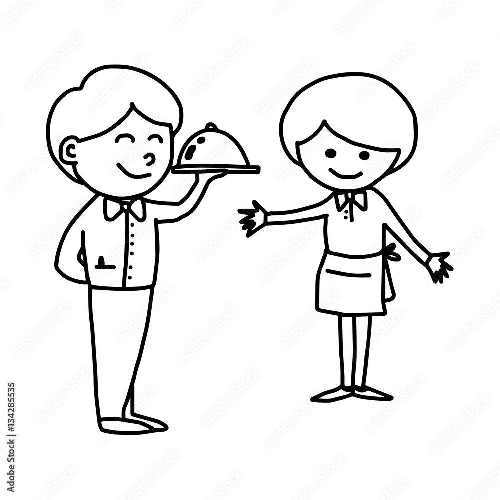 illustration vector hand drawn doodle of waiter and waitress isolated on white background illustration vector hand drawn doodle of waiter and waitress isolated on white background