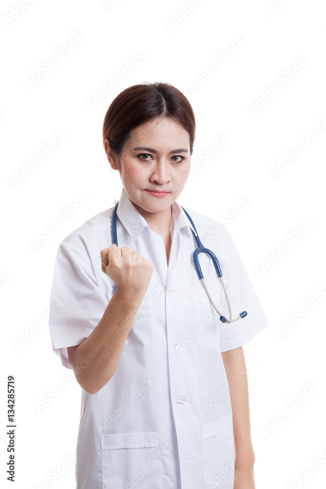 Portrait of confidence Asian young female doctor hold fist. Portrait of confidence Asian young female doctor hold fist.