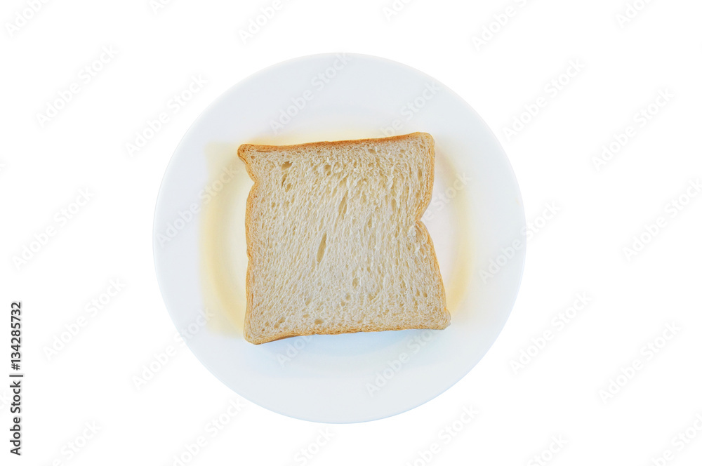 Close-up one slice of white bread on the plate, isolated on whit