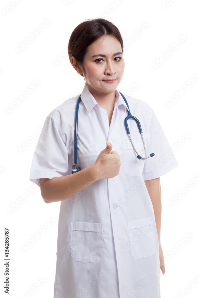 Asian young female doctor show thumbs up. Asian young female doctor show thumbs up.