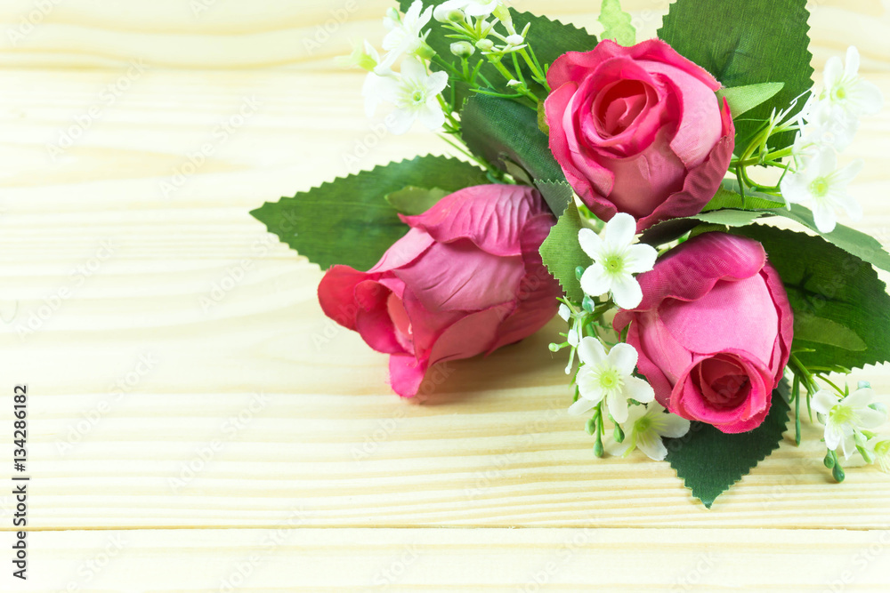 Roses on wooden board, Valentines Day background, wedding day.
