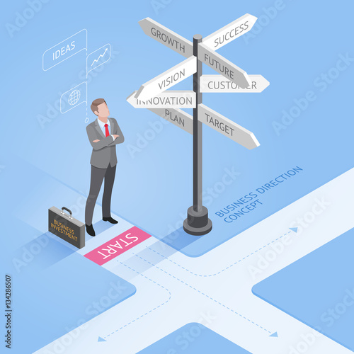Business people concepts. Businessman standing at a crossroad and looking directional signs arrows. Isometric vector illustration.