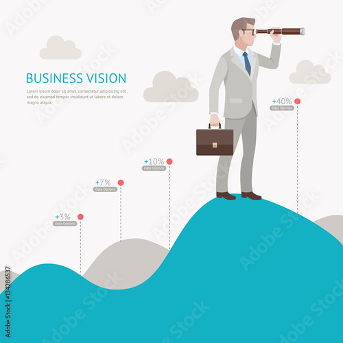 Business vision concepts. Businessman looking through binoculars standing on a mountain graph. Vector illustration.