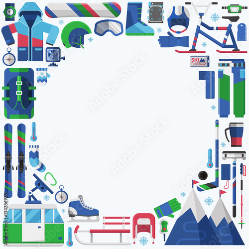 Winter lifestyle background with snow activities elements in circle with place for text. Winter sports border frame card with snowboarding, skiing equipment and other snow games icons in flat design.