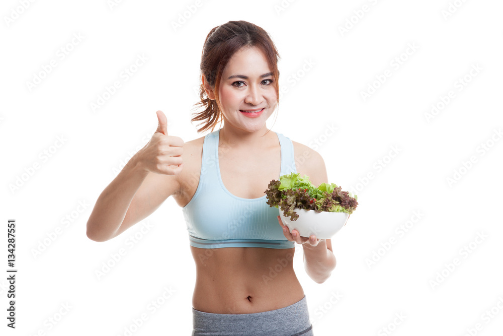 Beautiful Asian healthy girl thumbs up with salad. Beautiful Asian healthy girl thumbs up with salad.
